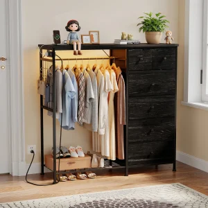 6 Drawer Fabric Dresser Charging Station and LED Lights