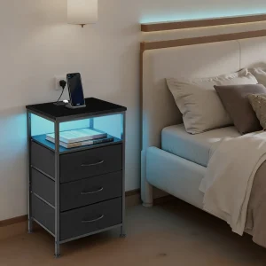 3 Fabric Drawers Cabinets with Charging Station Bedside End Table